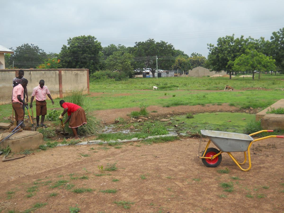 Ghanaians work on a sanitation project with Peace Corps volunteers